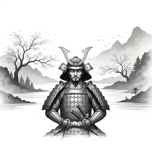 Minimalist Ink Wash Painting of a Serene Samurai in Traditional Armor