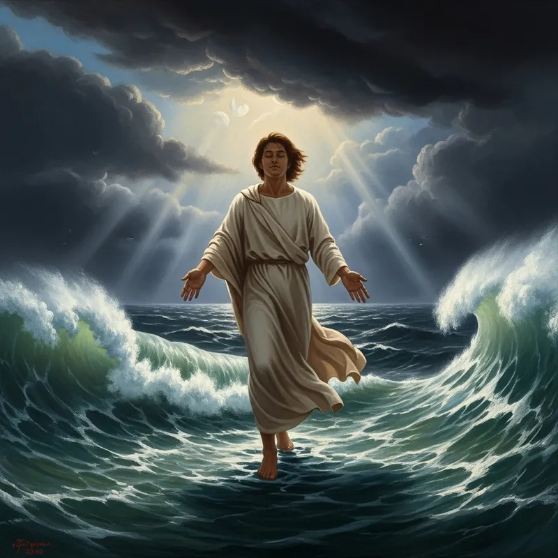 Miraculous Jesus Walking on Water Amidst Storm in Historical Artwork