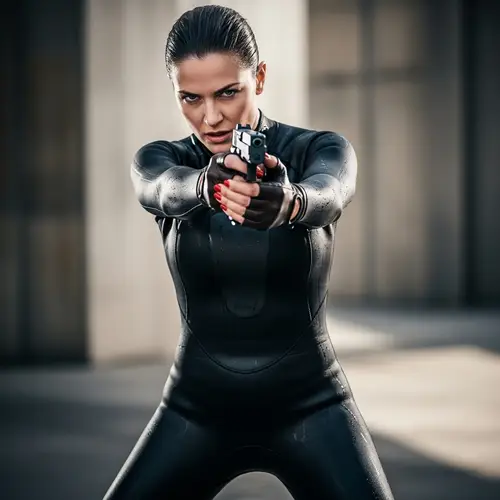 Athletic Woman in Wetsuit with Pistol - Red Nail Polish
