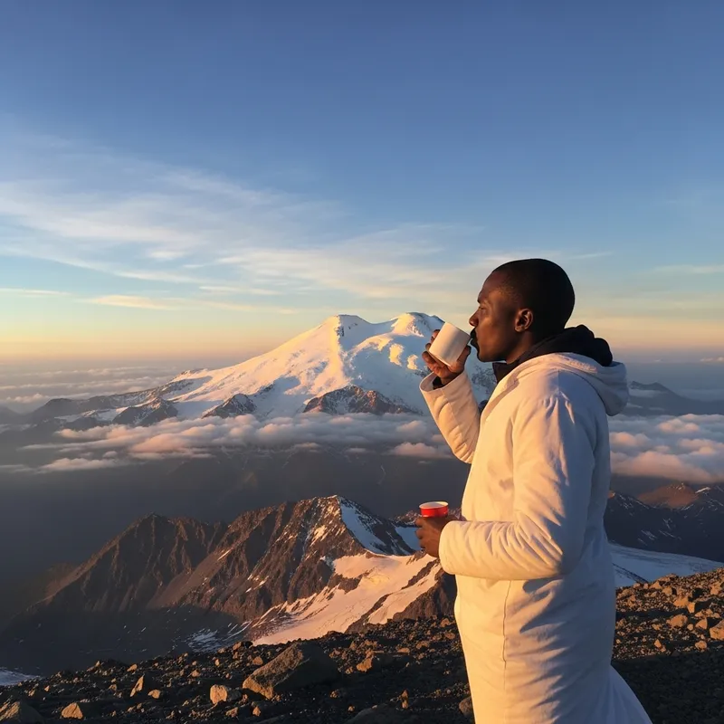 Businessman Enjoying Coffee atop Mount Elbrus