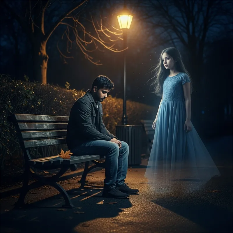 Ghost of a Girl in Blue Dress at Park | Sad South Asian Man, Streetlight