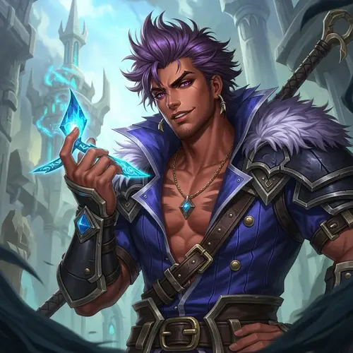 Handsome Male Character with Violet Hair in Fantasy Setting