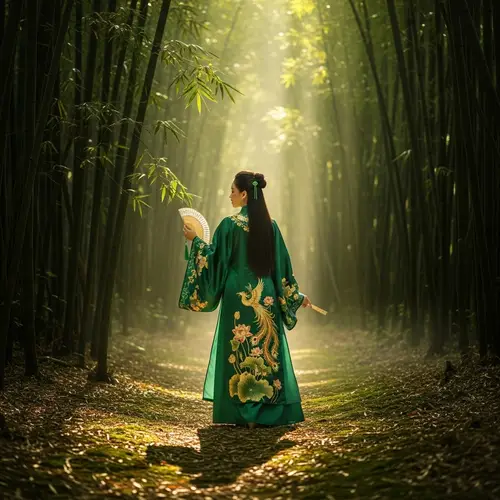 Noble Vietnamese Lady Strolling in Bamboo Forest