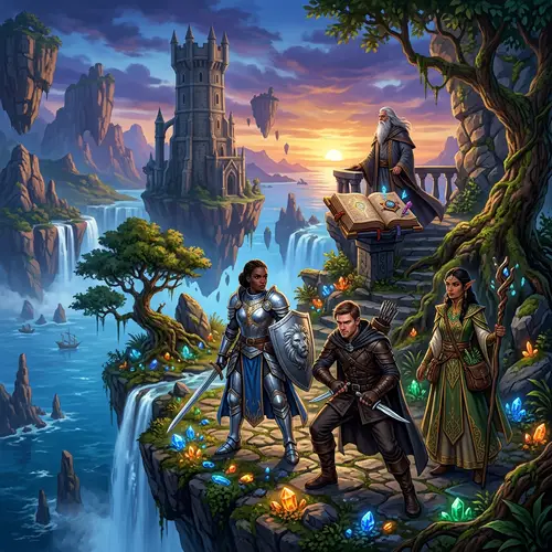 Fantasy RPG Scene with Floating Islands and Powerful Wizard