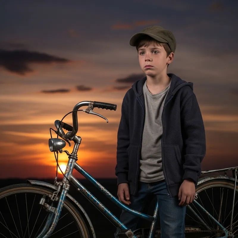 Sad Boy Standing with Bike: A Poignant Scene