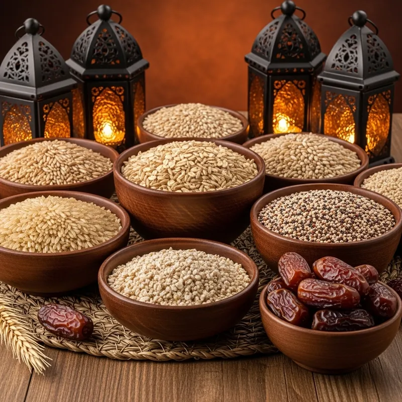 Ramadan Whole Grains Display: Brown Rice, Oats, Barley, Quinoa