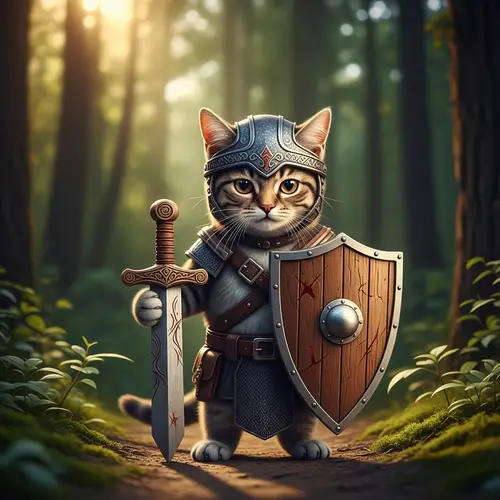 Brave Adventure Cat with Wooden Sword and Shield | Green Forest Scene