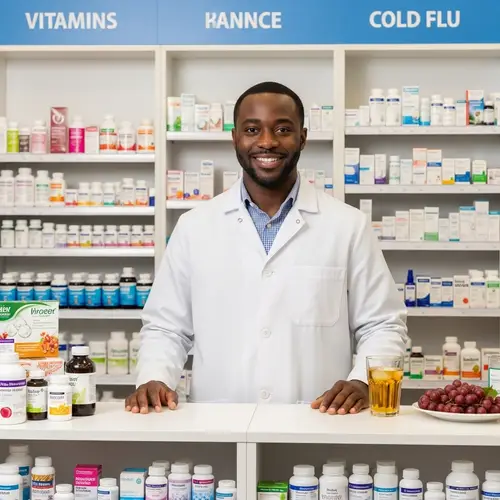 Mid 30s Black Male Pharmacist in Well-Stocked Pharmacy | Your Health Hub