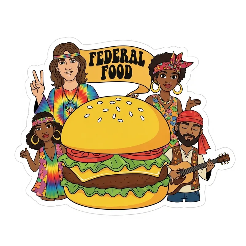 Hippie Style Burger Stickers with Federal Food Theme