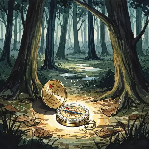 Enchanting Watercolor Painting of Mysterious Woodland with Compass