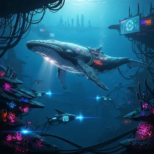 Cyberpunk Whale Swimming in Futuristic Neon Ocean