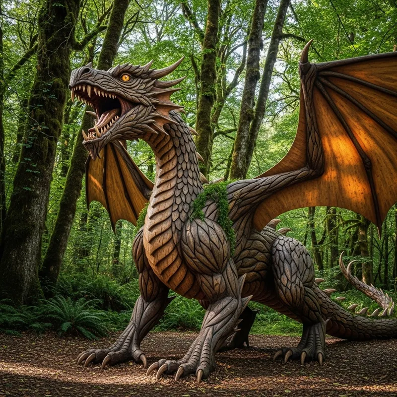 Full-Size Wood Dragon Sculpture - Handcrafted Artwork