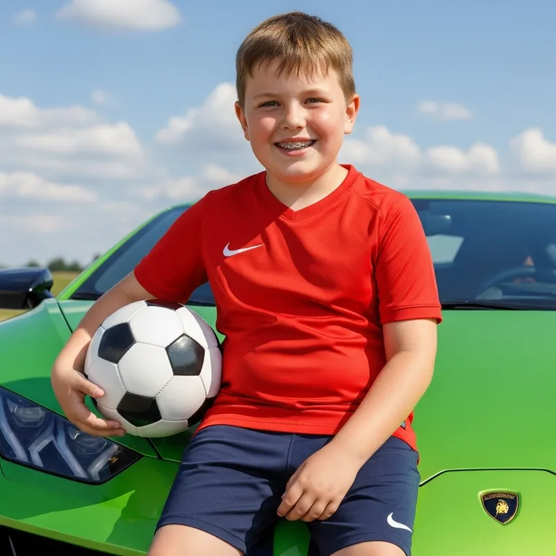 Chubby 9-Year-Old with Soccer Ball on Green Lamborghini Chubby 9-Year-Old with Soccer Ball on Green Lamborghini