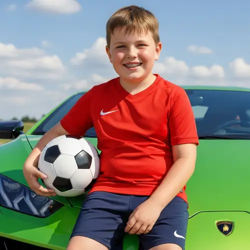 Excited 9-Year-Old Boy with Soccer Ball on Luxury Green Car