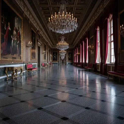 Intriguing Perspective of Long Hall with Crystal Chandeliers