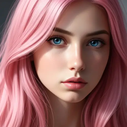 Super Realistic Portrait of a Girl with Pink Hair and Blue Eyes