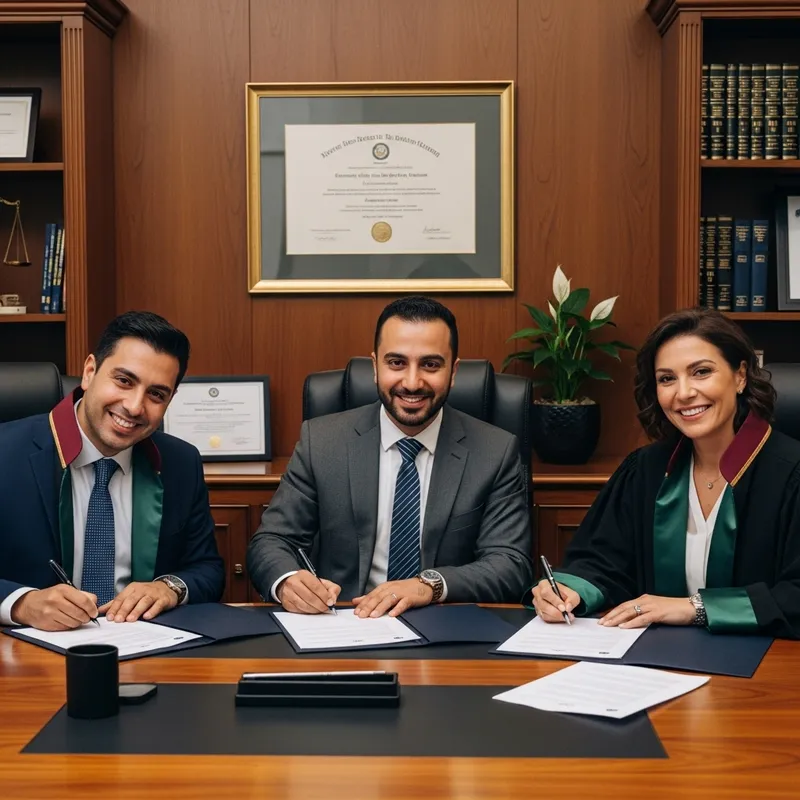 Smiling Lawyers Signing Documents in Large Office Setting