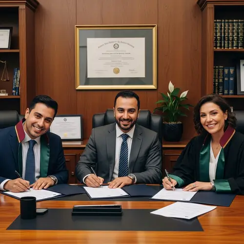Diverse Legal Team Signing Documents in Warmly Lit Office
