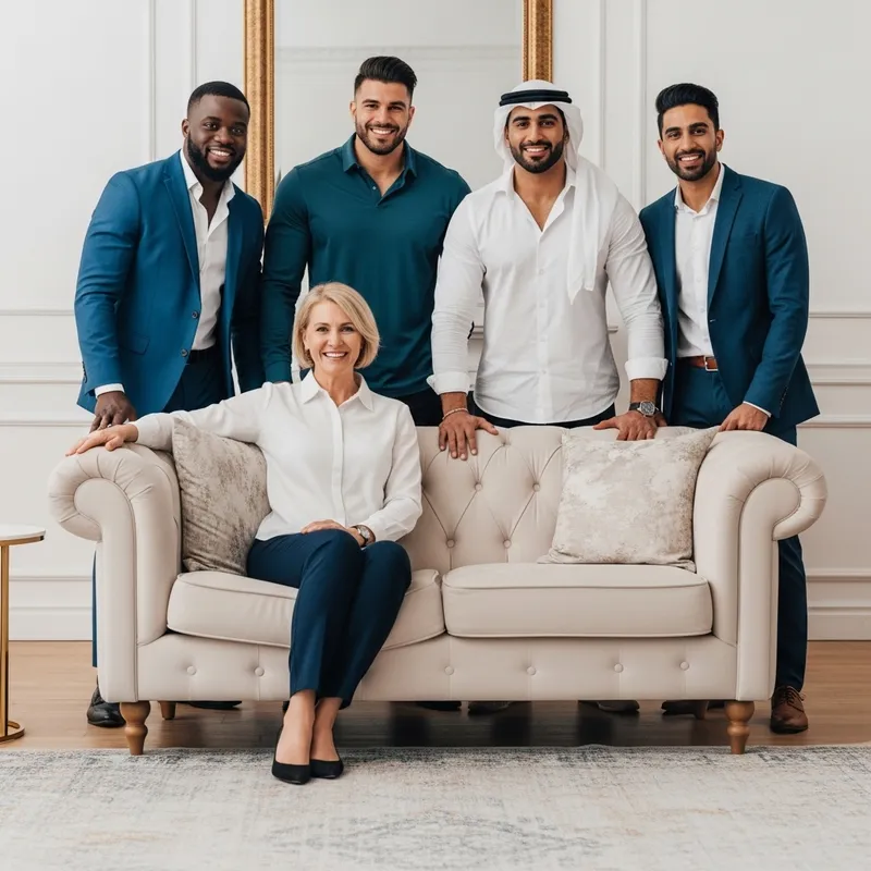 Powerful Diverse Men Behind Elegant Woman on Couch