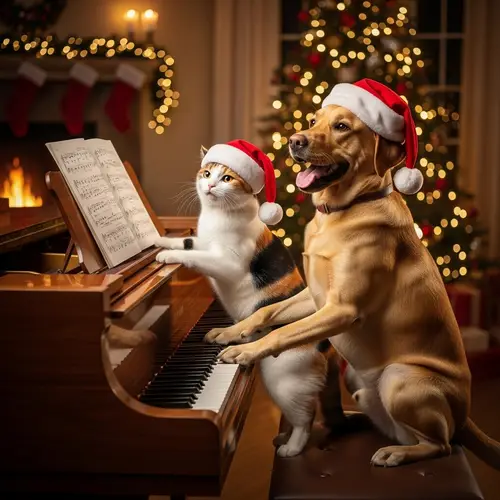 Tricolor Cat and Labrador Dog Christmas Piano Duet