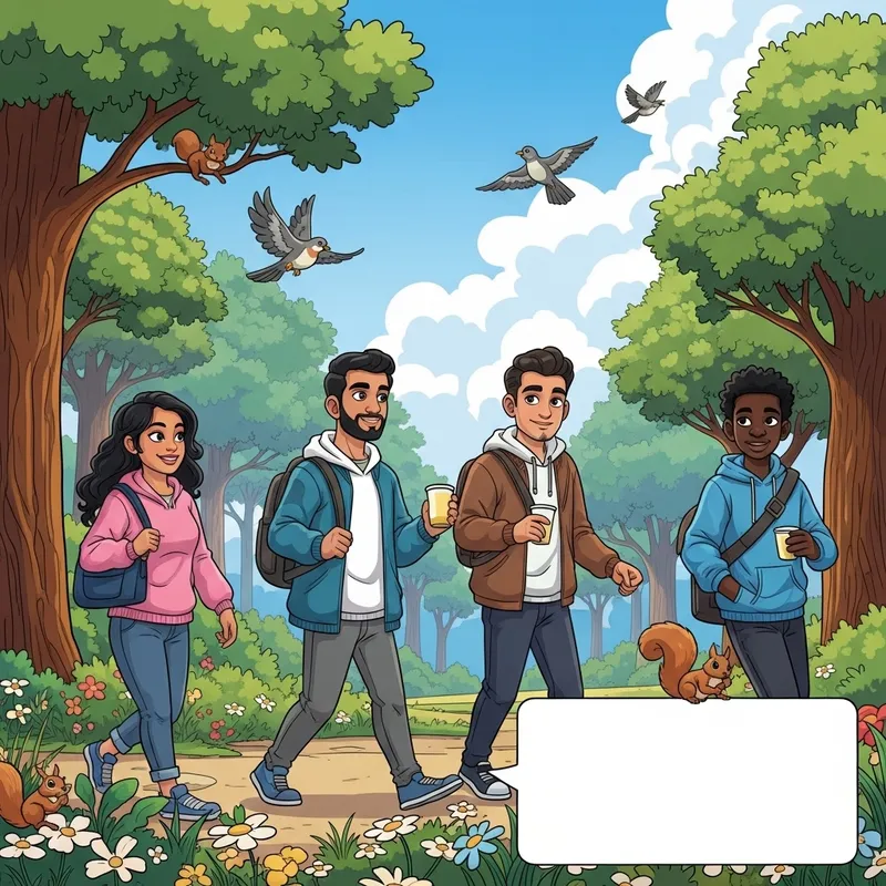 Diverse Young Group Enjoying a Walk in a Vibrant Park - Cartoon Image