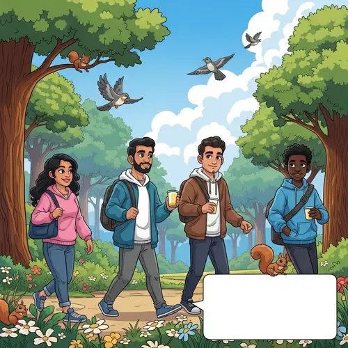 Diverse Young Group Strolling in Vibrant Park Cartoon