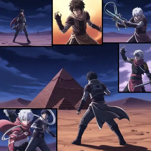 Anime-Style Duel Art in Night Desert - 1280x720, PNG Format