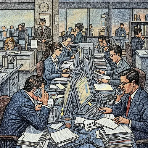 High-Energy Office Scene Pointillism Art