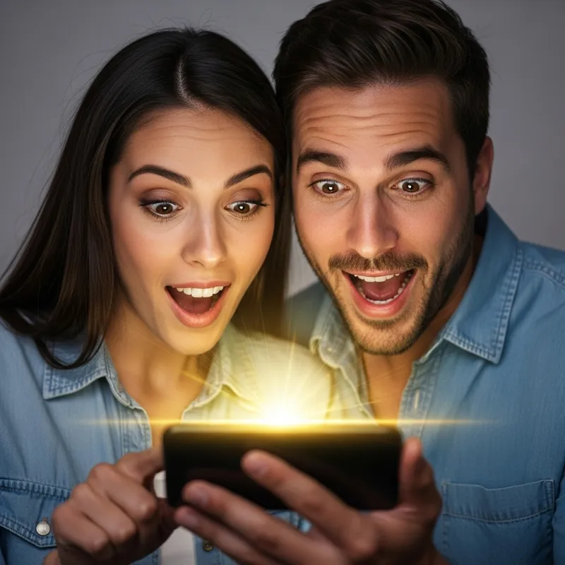 Astonished Hispanic Couple Discovers Mobile Treasure Astonished Hispanic Couple Discovers Mobile Treasure