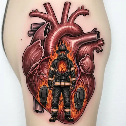 Heart Muscle Tattoo with Firefighter and Flames Design