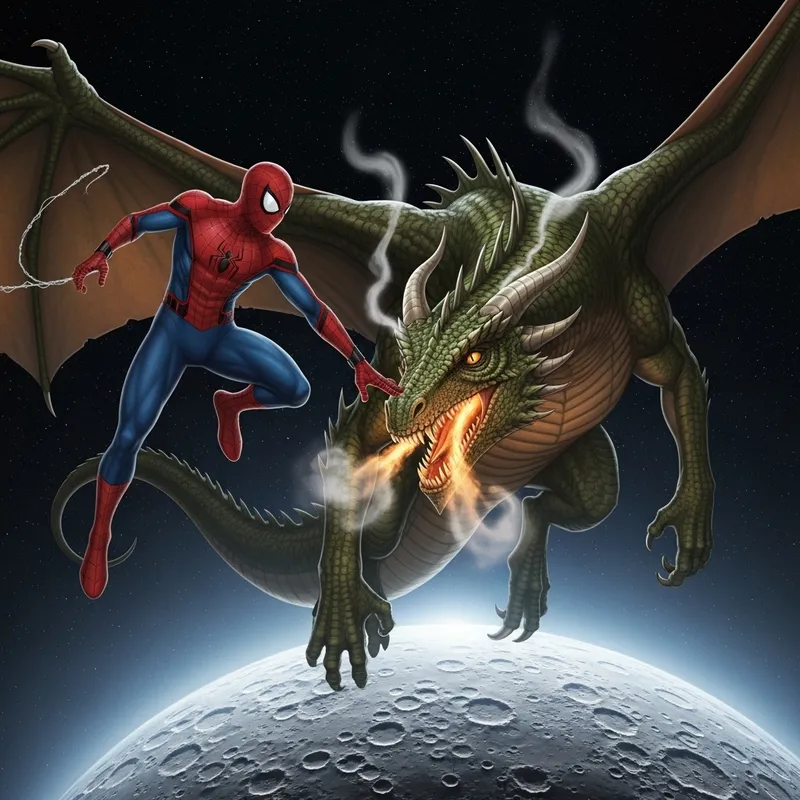 Spider Man Plays with Dragon Above Moon Spider Man Plays with Dragon Above Moon