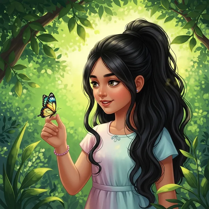 Charming Girl Surrounded by Flowers and Butterflies