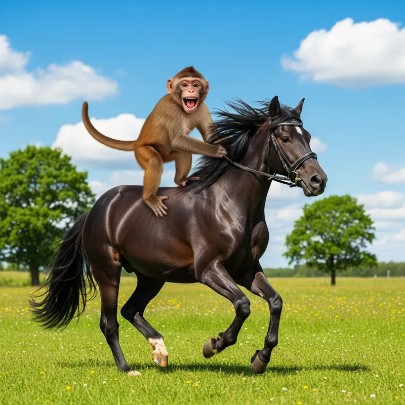 Playful Monkey Riding Sturdy Horse in Lush Green Meadow