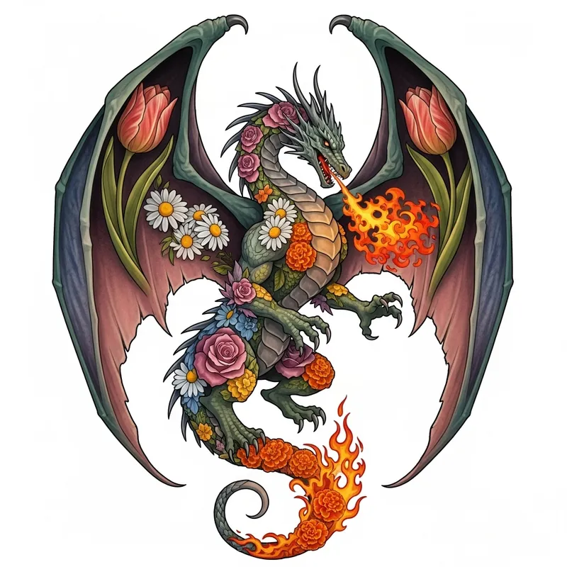Dragon Floral Body Tattoo Design