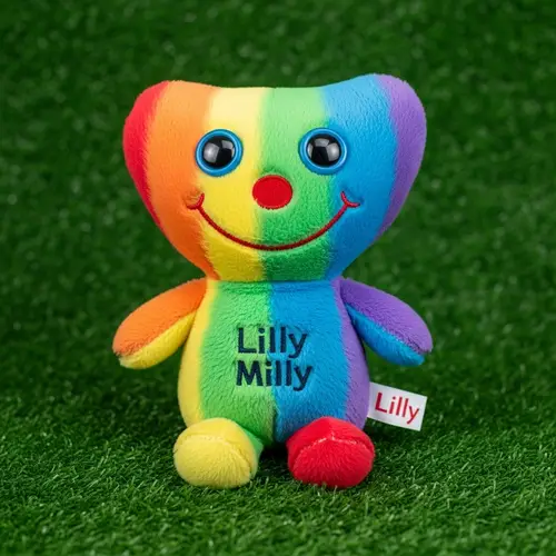 children's soft toy the face of the rainbow Hagi Waga Lilly Milly, on a green background
