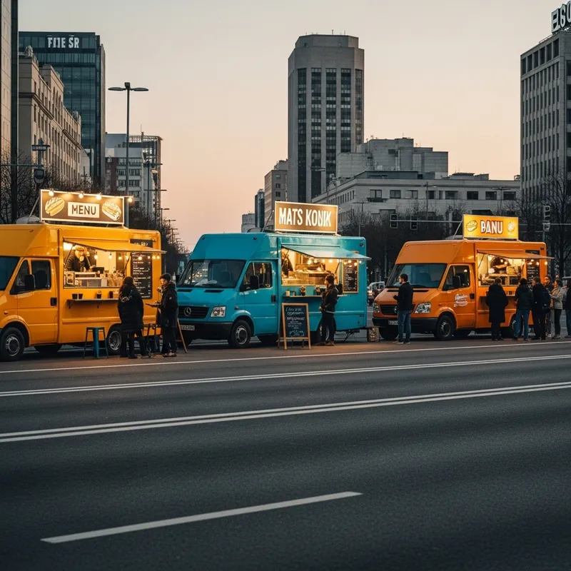 Realistic Food Trucks on Urban Avenue | Vibrant Street Eateries