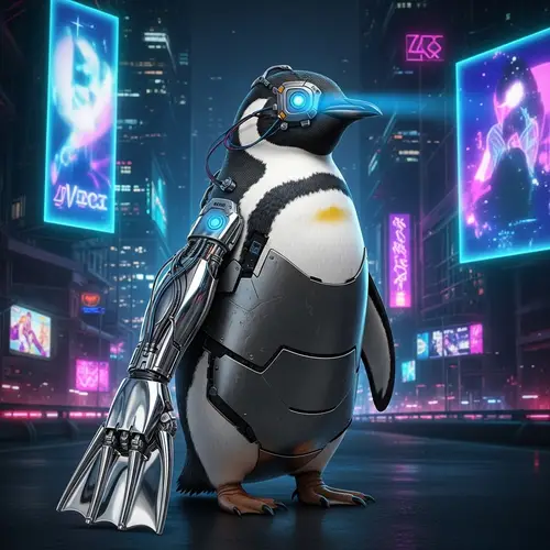 Cyberpunk Penguin in Futuristic Cityscape