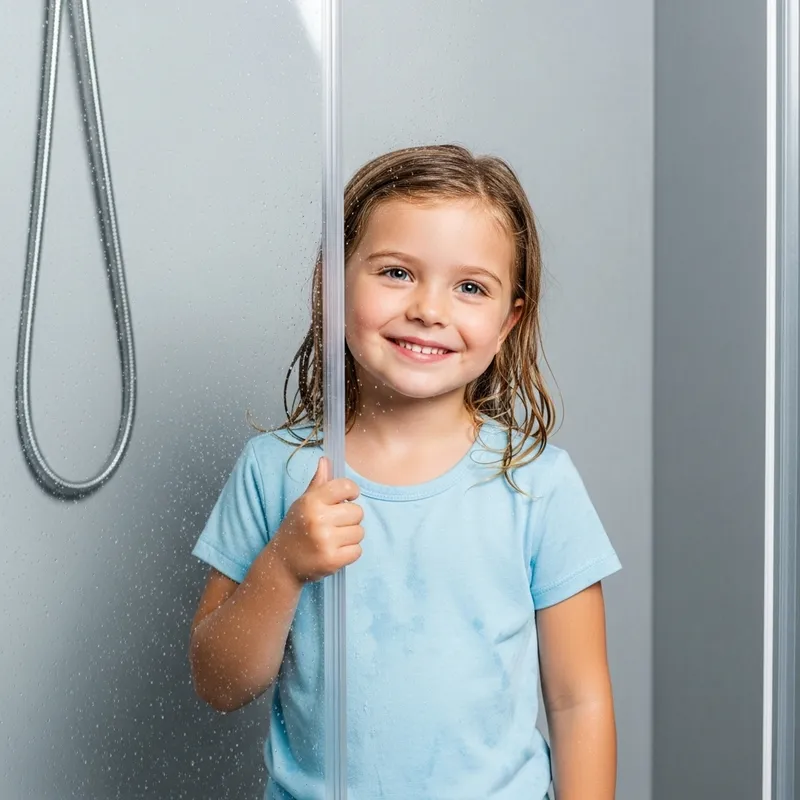 11-Year-Old Girl in Shower Smiling | Blue Eyes & Blonde Hair