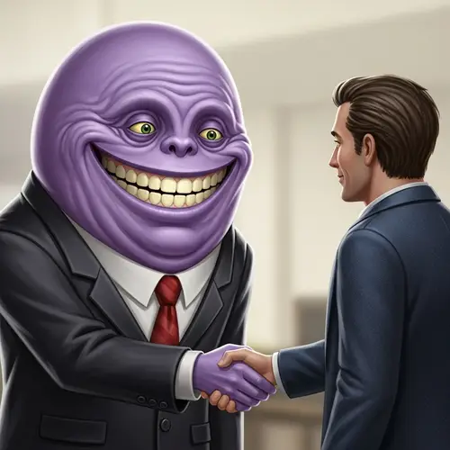 Joyful Purple-skinned Character in Friendly Encounter