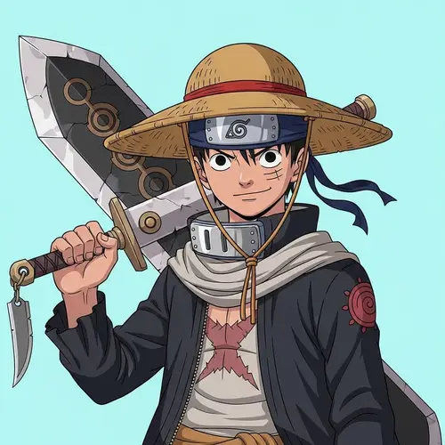 Anime Character Fusion with Luffy's Hat, Naruto Headband, Ichigo Sword, and Knife