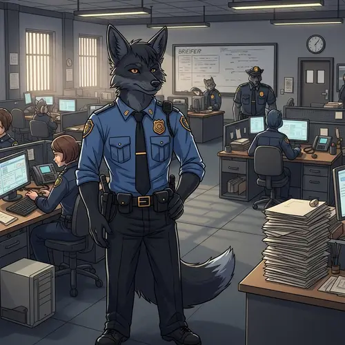 Anthropomorphic Fox in Police Uniform at Busy Police Station