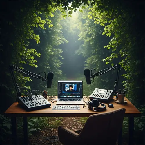 Podcast Desk in Lush Forest: Modern Composition Art