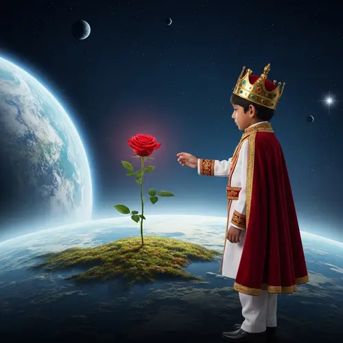 Prince Observing Rose Bloom on Strange Alien Planet
