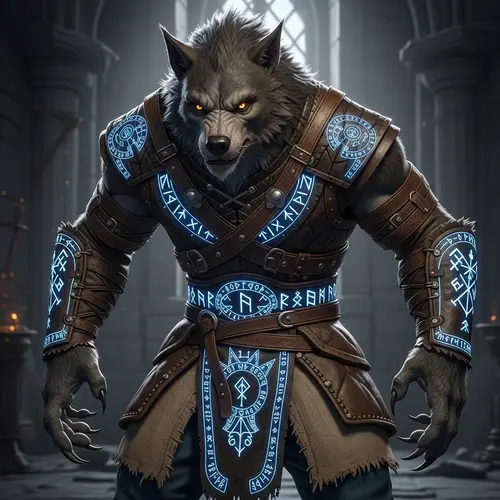 Detailed Werewolf Character with Intricate Runes on Clothes