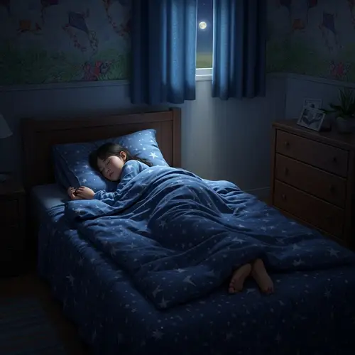 Tranquil Nighttime Scene with Peacefully Sleeping Asian Girl in Deep Blue Beddings