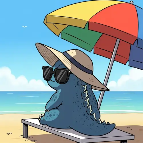 Comic Style Godzilla Lounging on Beach with Sunglasses