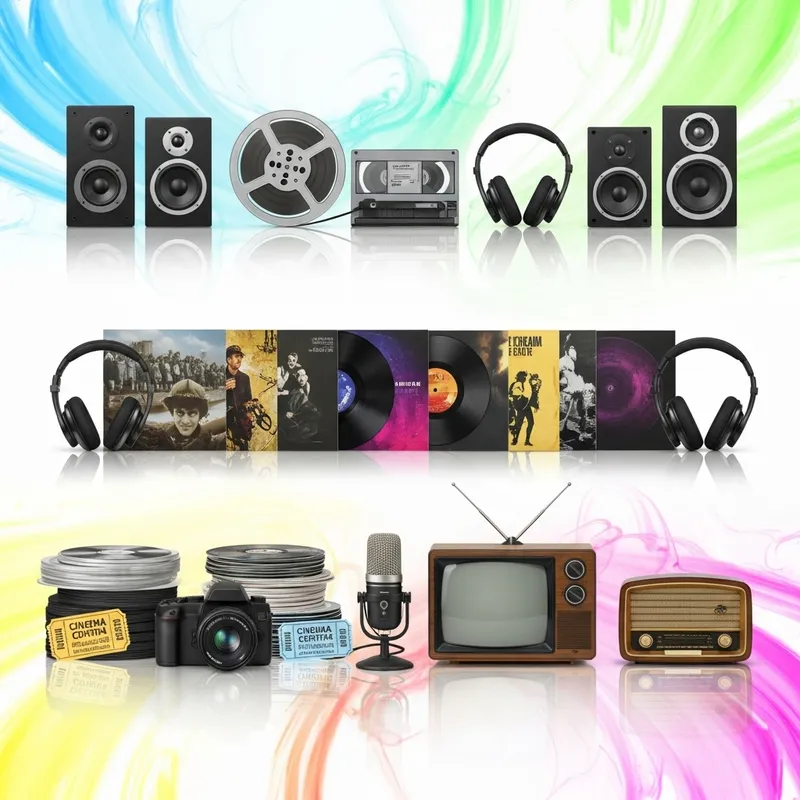 Multimedia Elements: Audio Speakers, Video Reel, Vinyl Records...