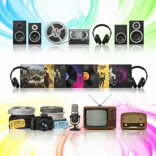 Multimedia Collection: Audio Speakers, Video Reel, Vinyl Records...