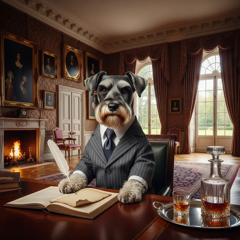 Millionaire Schnauzer Dog in Business Suit inside Lavish European Mansion