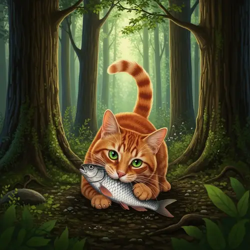 Ginger Cat with Green Eyes Eating Fish in Enchanted Woods